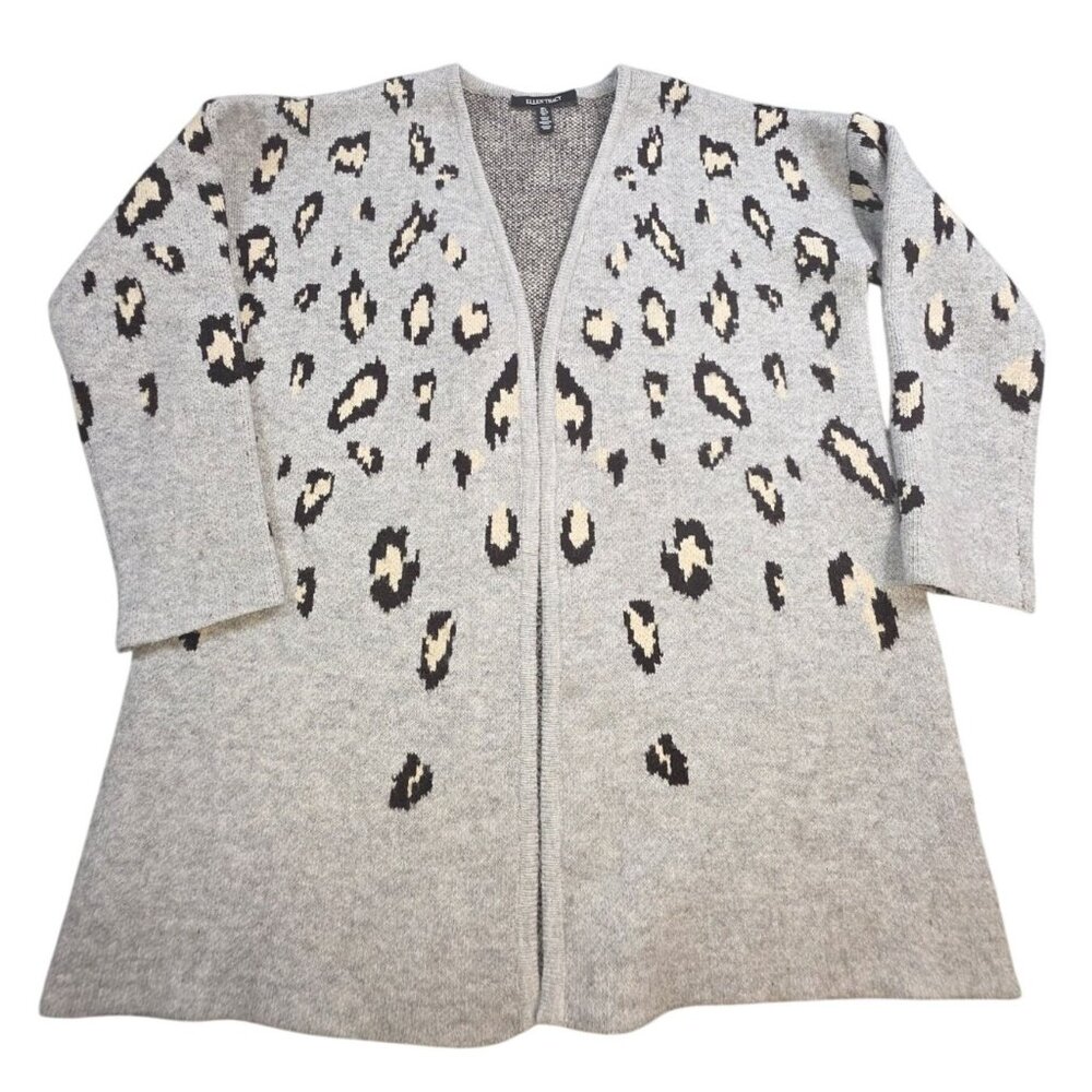 Ellen Tracy Women's Gray Leopard Long Open Cardigan Sweater Size L